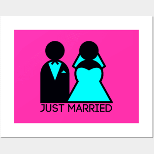 Just Married Newlyweds in Cyan Posters and Art